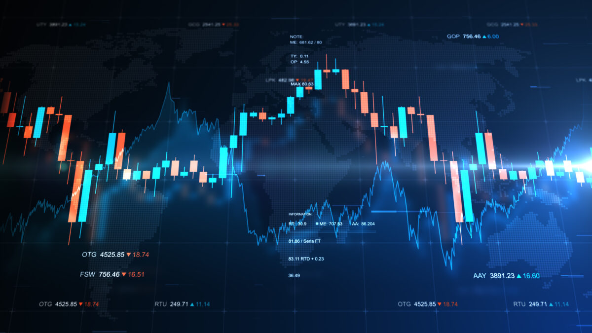 Finance background illustration with abstract stock market information and charts over world map and stock indexes.